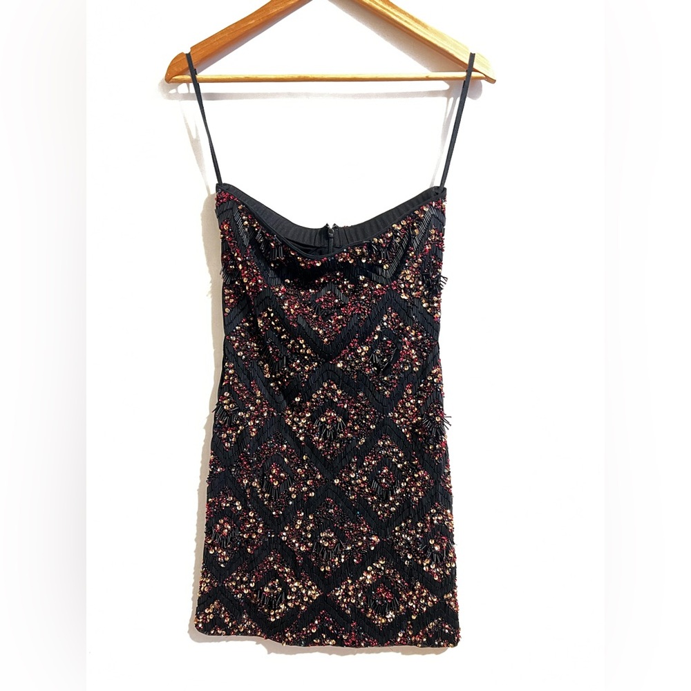 All Saints Black Strapless Sequin Mini Dress with Rose Gold Accents